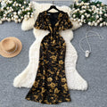 French romantic print bubble sleeve dress - women's summer mesh panel slim fit mermaid maxi dress