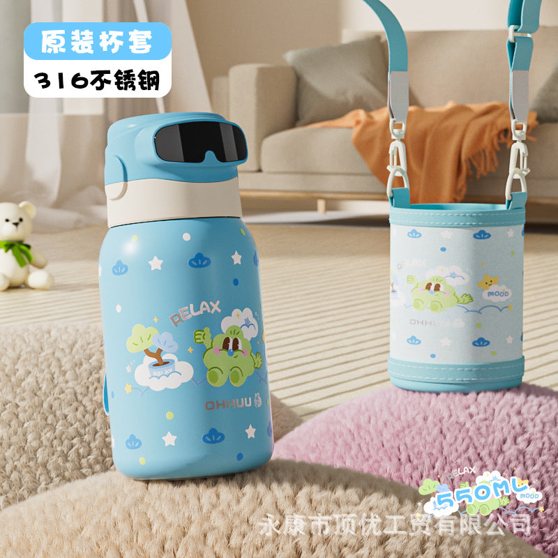 High-style stainless steel fingerprint-insulated tumbler, dopamine-boosting large capacity, with carrying strap and straw, portable sports water bottle for kids