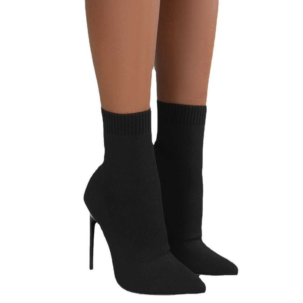 Exportplus sizefashion autumn style in stock pointed toe knitting knee socks high heel stiletto women's boots fly knit women's elastic sock boots