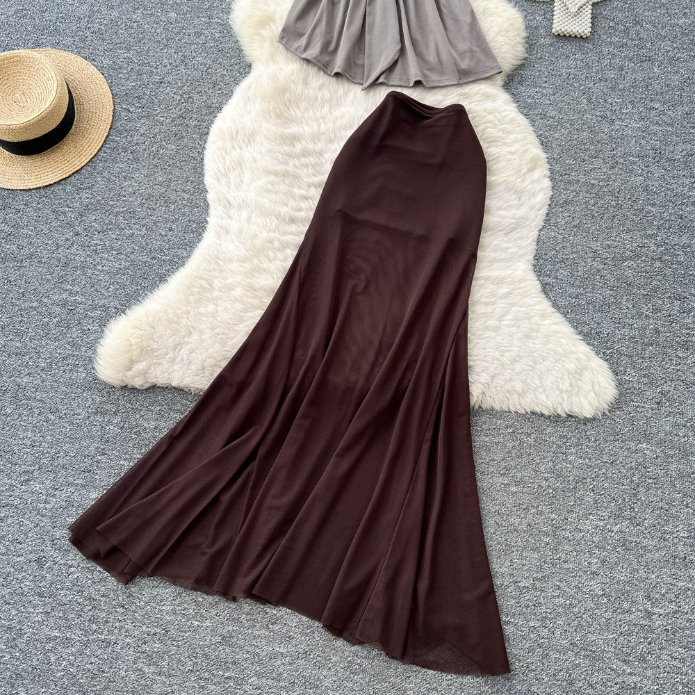 French chic halter neck one-shoulder sexy midi skirt two-piece set - women's summer slim-fit mesh fashionable elegant outfit