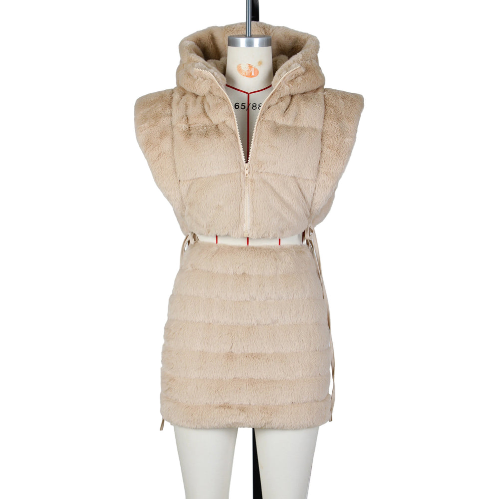 Amazon winter new european and american women's hooded short puffer jacket fashionable warm faux fur vest