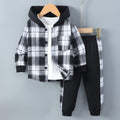 exclusive hot-selling children's autumn and winter new long-sleeved plaid color-block hooded two-piece set (top + pants)
