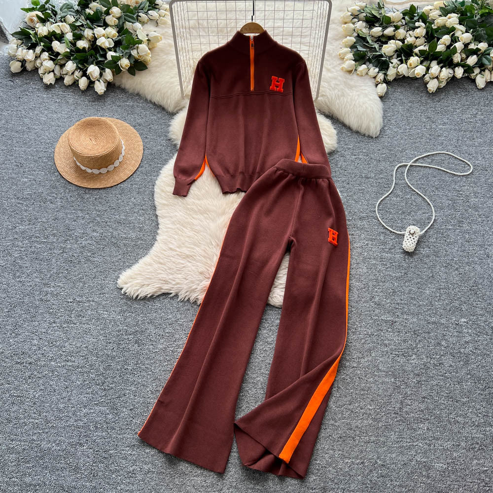Women's casual activewear set - autumn design: color block letter embroidery stand collar half-zip knit top & wide leg pants