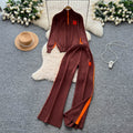 Women's casual activewear set - autumn design: color block letter embroidery stand collar half-zip knit top & wide leg pants