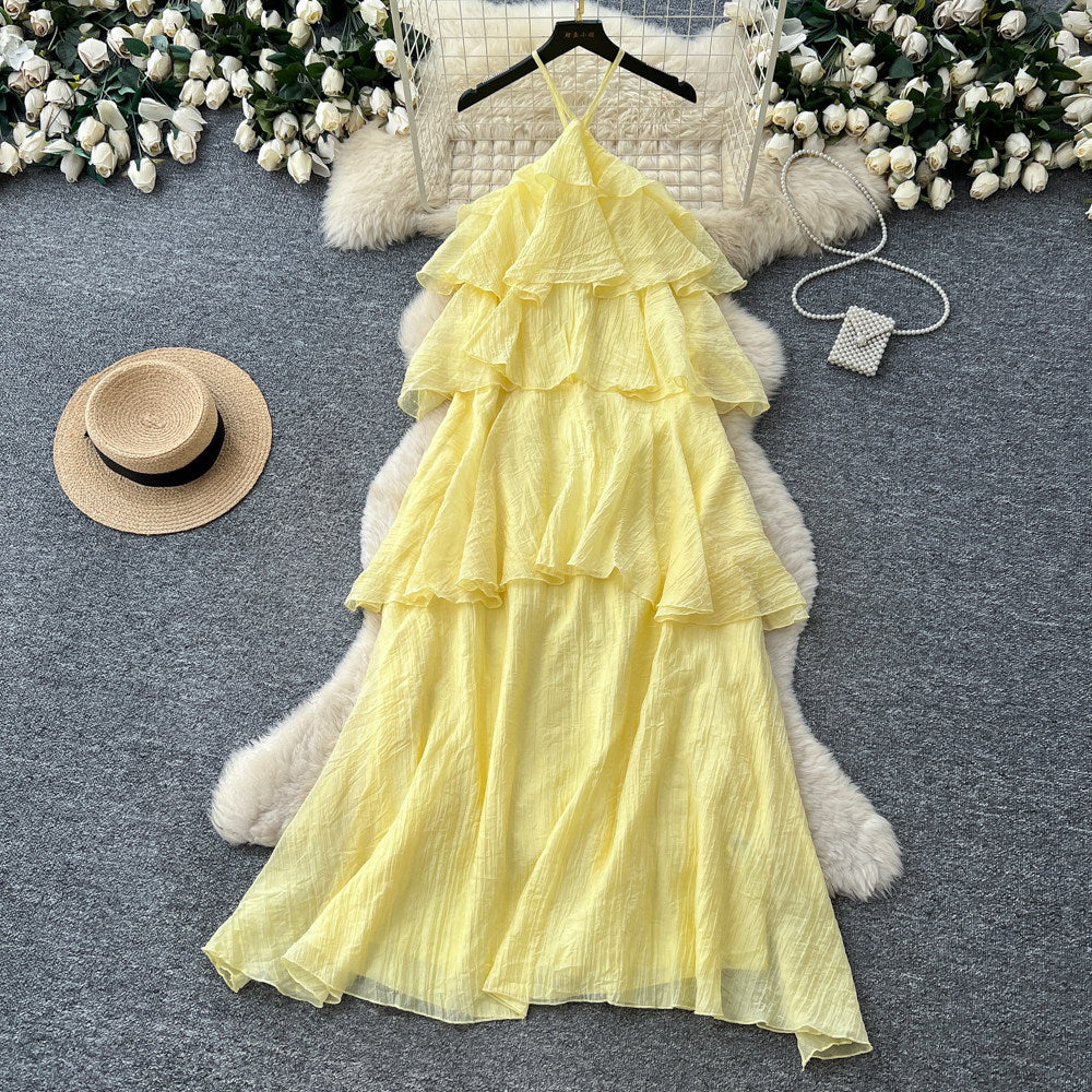 Vacation-style sleeveless romantic yellow cake dress - women's summer ruffle trim slimming fairy dress
