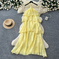 Vacation-style sleeveless romantic yellow cake dress - women's summer ruffle trim slimming fairy dress