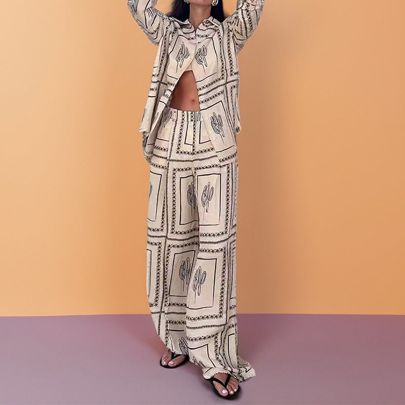 summer new women's clothing: cross-border export fashion set - european and american style casual printed long-sleeve shirt and wide-leg pants