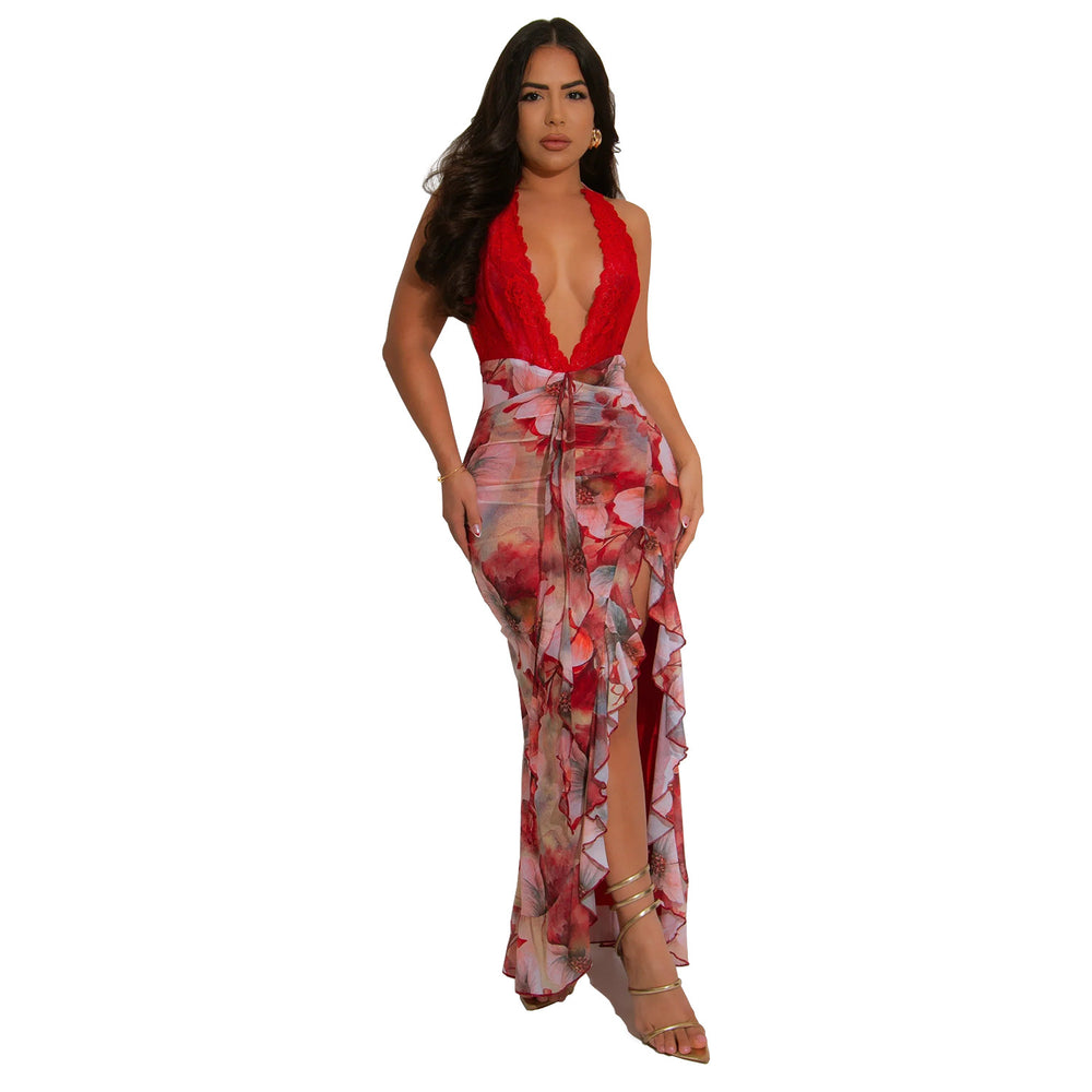 C7262 cross-border   fashion women's sexy deep v halter neck slim-fit printed dress