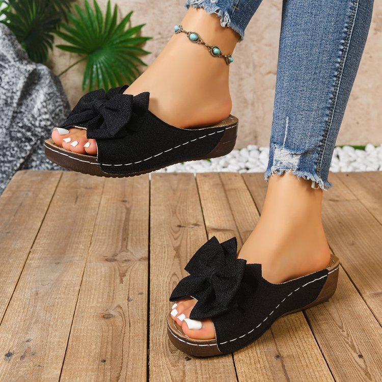 Southeast asia export wedge heel platform flip-flops women's cross-border plus size bow fish mouth beach sandals wish