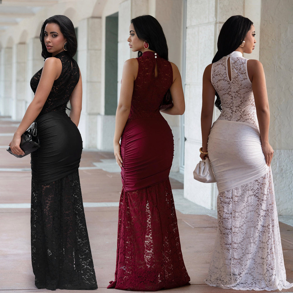 C7641 cross-border   fashion women's sexy lace hollow-out slit bodycon dress