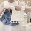 Girls' spring/autumn sweater set: sweet princess collar knit vest with ruffle trim and tassel detail (two-piece outfit)