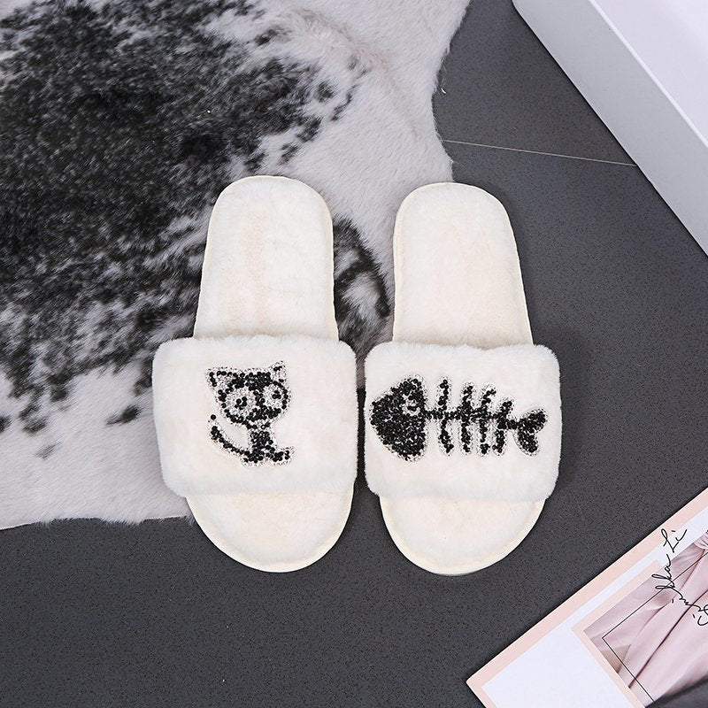 Cartoon cotton slippers women's winter home indoor 2024 new warm cute plush floor slippers household cotton slippers women