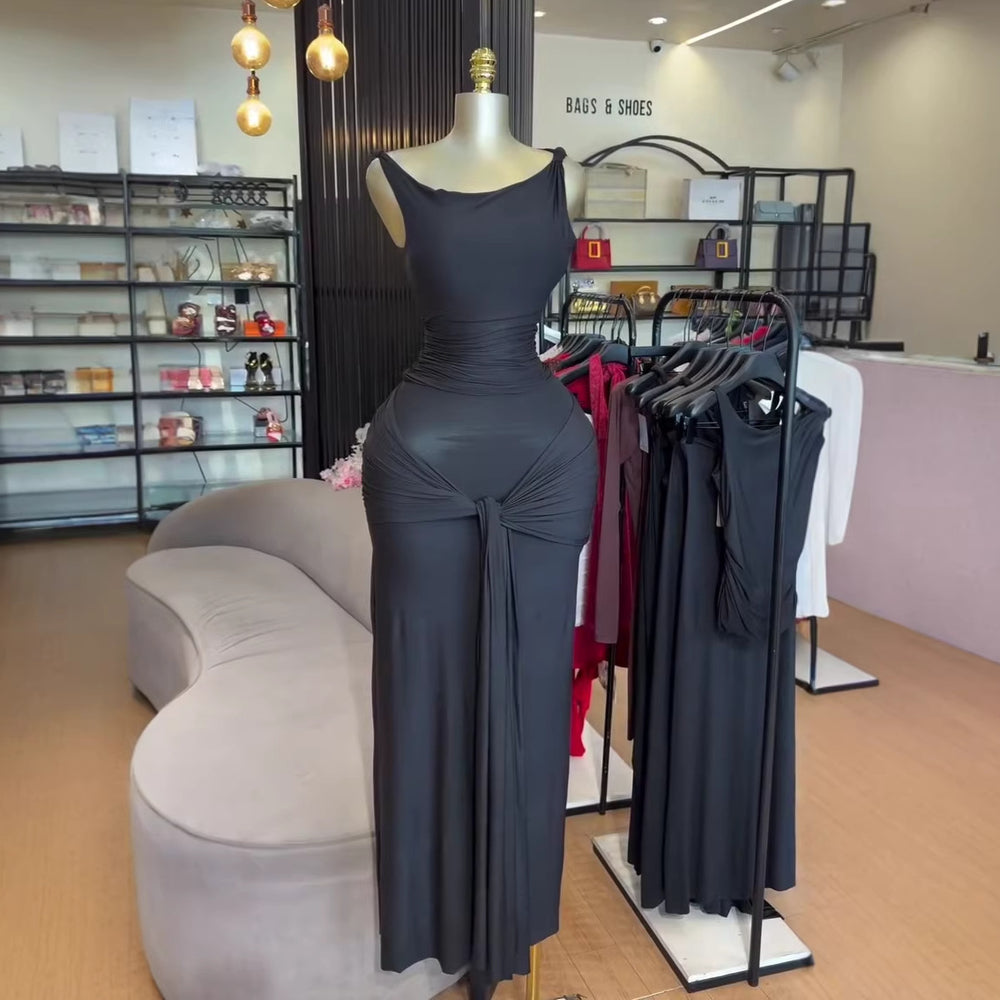 European and american cross-border women's fashion  summer new arrival: elegant asymmetrical neck slim-fit sleeveless top with tie-waist midi skirt set