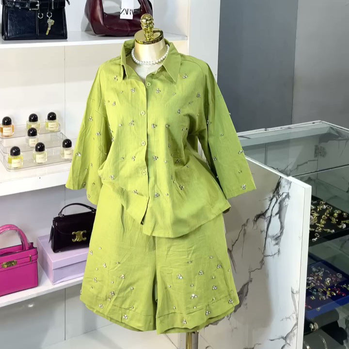 European and american cross-border women's fashion:  summer new arrival - stylish turn-down collar, loose fit, heavily embellished diamond-studded shirt and wide-leg pants set
