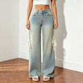Fashionjeans women's side straps washed high waist wide leg jeans drapedlooseslimming lookmoppants