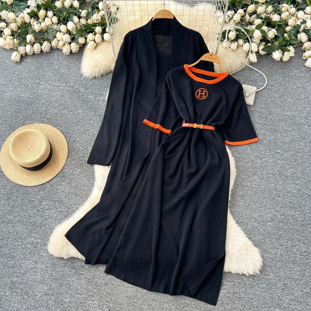 European station  spring/autumn new women's fashion high-end belted short-sleeve maxi dress long-sleeve outerwear knitted two-piece set
