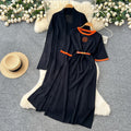 European station  spring/autumn new women's fashion high-end belted short-sleeve maxi dress long-sleeve outerwear knitted two-piece set