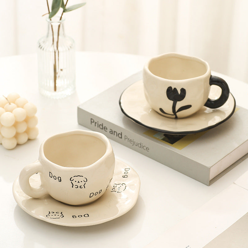 Hand-painted ceramic coffee cup and saucer set - unique gift mug - creative niche gift - high-value handcrafted cup