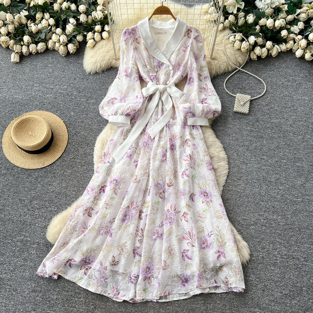 French sweet floral v-neck dress - women's early spring korean style long sleeve slimming a-line maxi dress - vacation ready