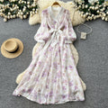 French sweet floral v-neck dress - women's early spring korean style long sleeve slimming a-line maxi dress - vacation ready