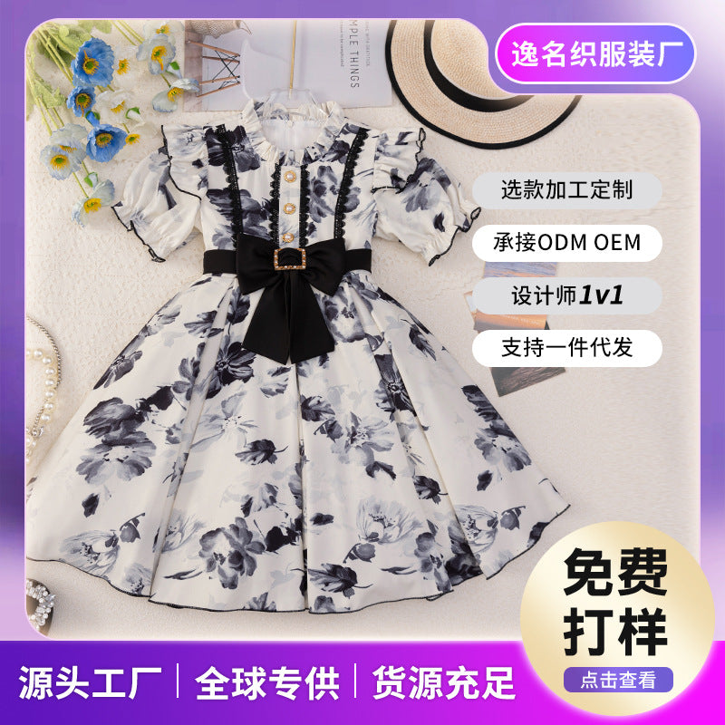 Custom girls' dress - ink wash painting princess style - birthday chic short sleeve chiffon dress - perfect for little girls - cross-border e-commerce