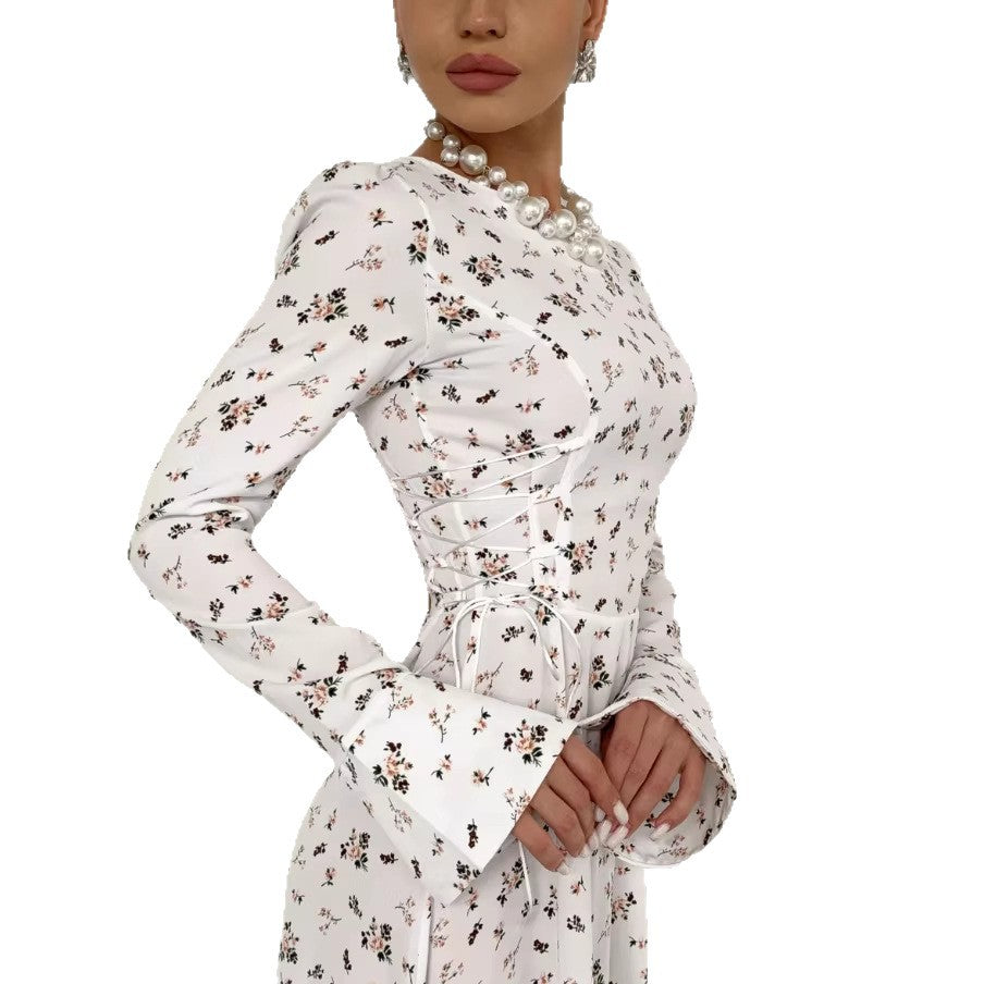 european and american women's clothing new print french chic slimming long sleeve dress