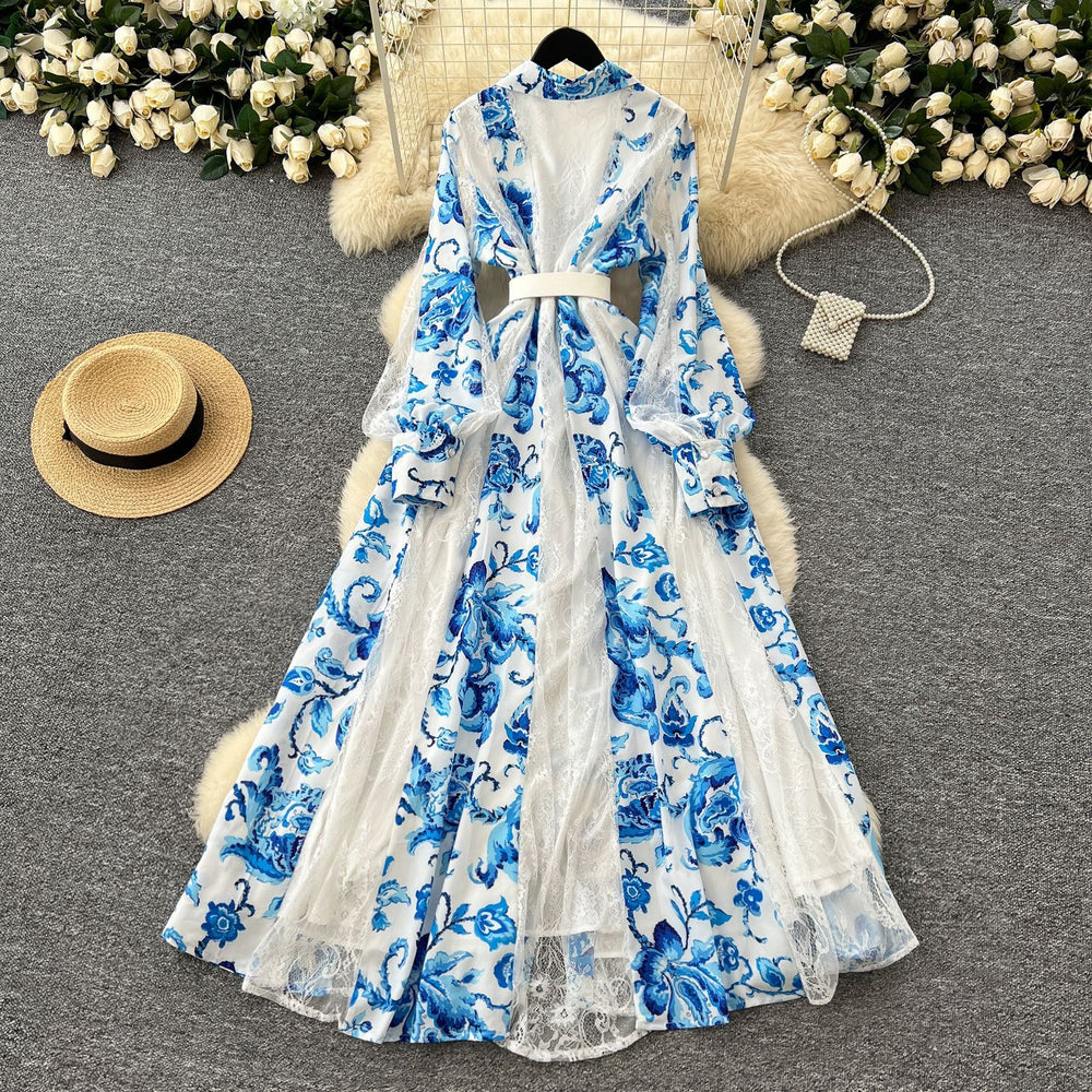 French dress  new arrivalfashioneleganceretro lapel long sleeves waist lacepatchworkprintinglong skirt