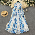 French dress  new arrivalfashioneleganceretro lapel long sleeves waist lacepatchworkprintinglong skirt