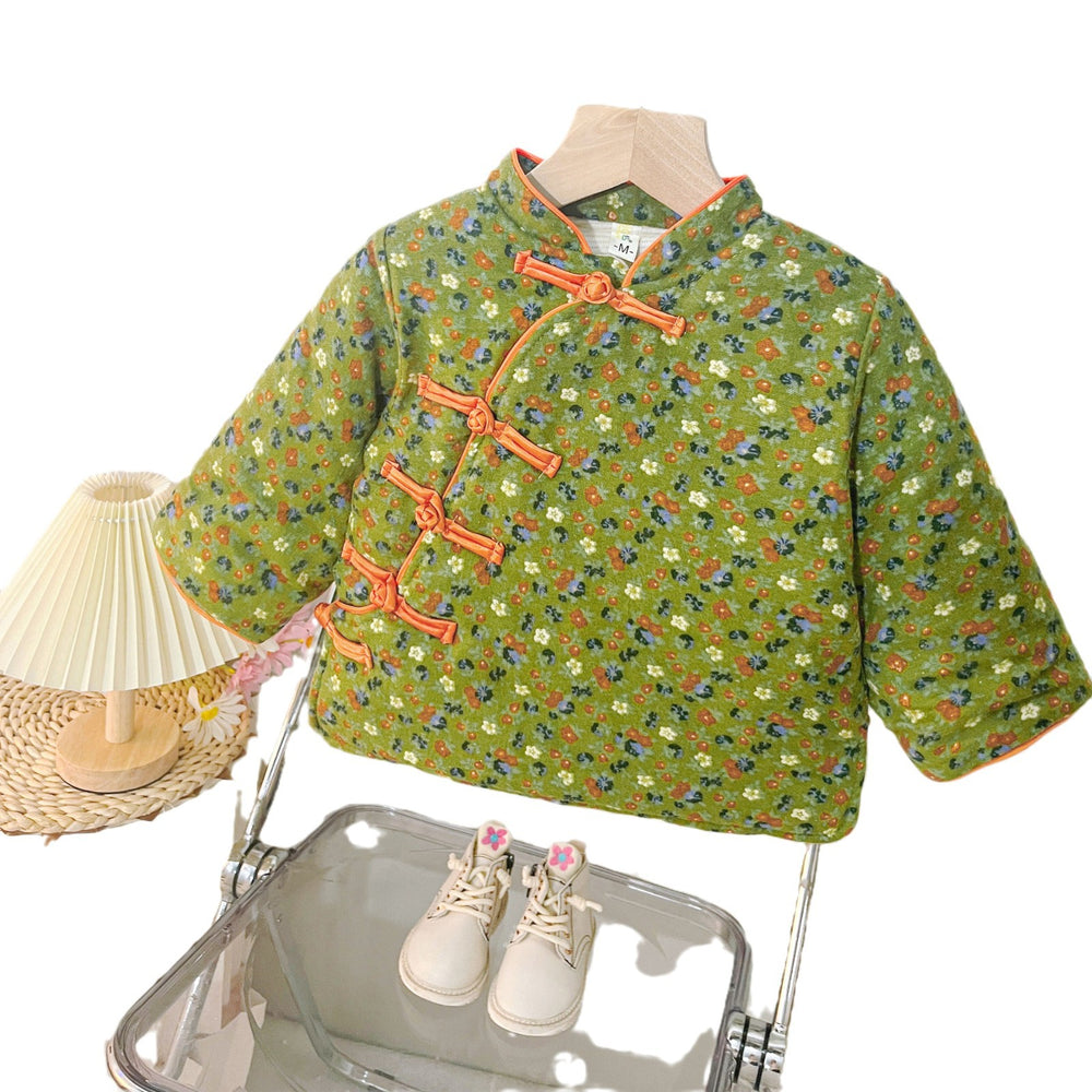 Winternew arrivalgirl floral cotton jacket baby printing floral fleece-linedthickened new year's greetings clothing for children and young children outwear cotton jacket