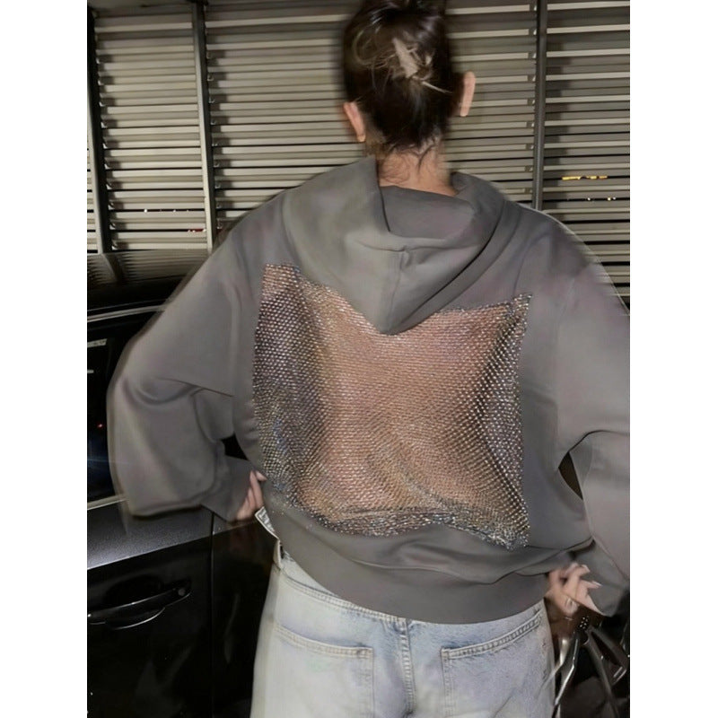 European and american cross-border  fall/winter new women's fashion  style solid color backless cutout mesh hoodie sweatshirt