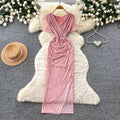 Elegant v-neck tie-waist short-sleeve dress - women's summer korean style slim fit slit maxi dress