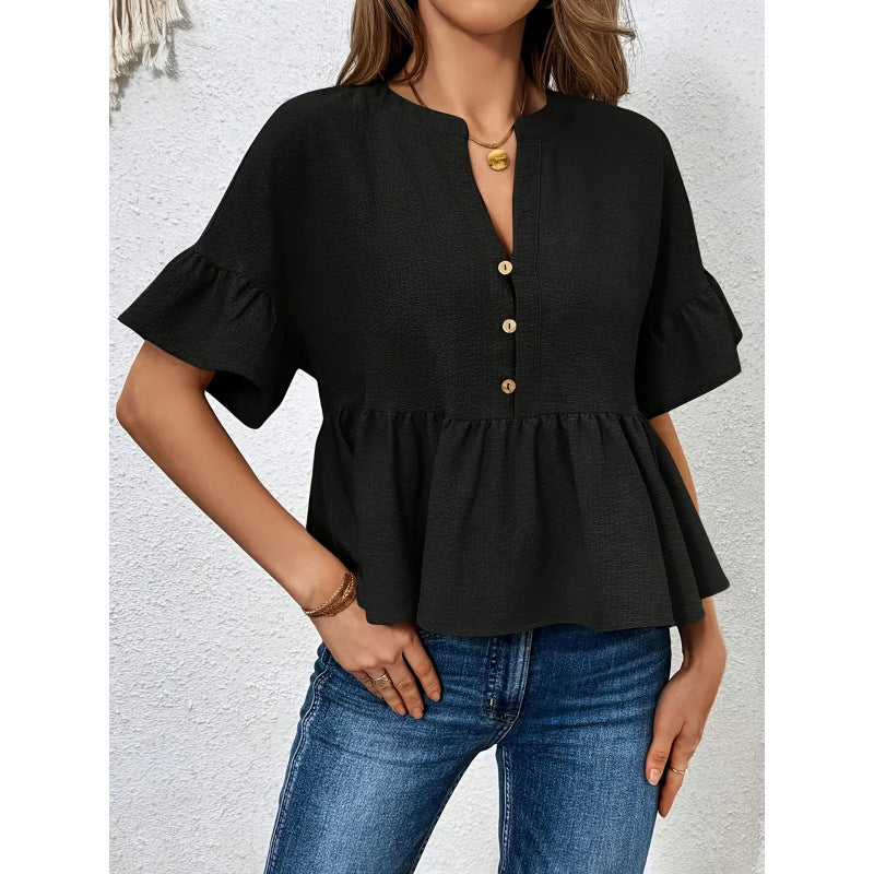 code new arrival  original women's casualpure colorv neckruffles short-sleeved tops
