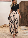 Amazon fashion cross-border women's black puff sleeve cropped top + botanical print wide-leg pant set