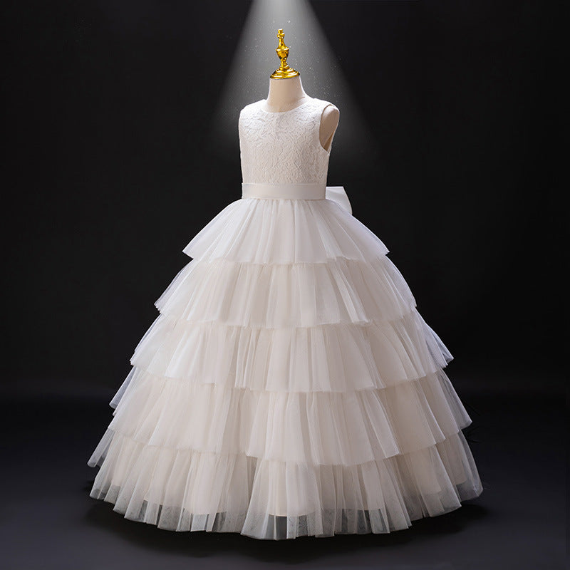 Girls' dresses flower girl wedding dress high-end white cake skirt elegant piano performance little girl runway dress european and american style