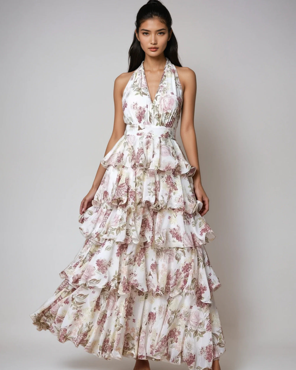 spring new arrival: european and american style women's fashionable and sexy v-neck camisole dress with multi-layered print