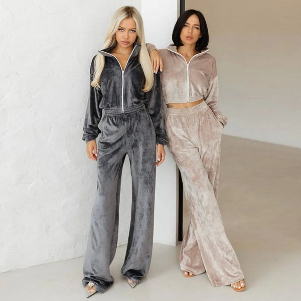 new European and American 2024 fashion women's clothing long-sleeved lapel zipper cardigan sweater fleece shirt trousers