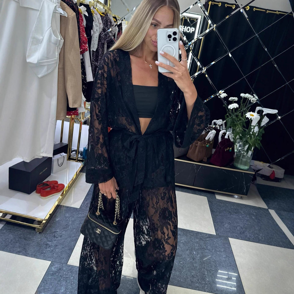 Cross-border European and American sexy lace cardigan shirt trousers  women's clothing solid color hollow fashion new two-piece set women