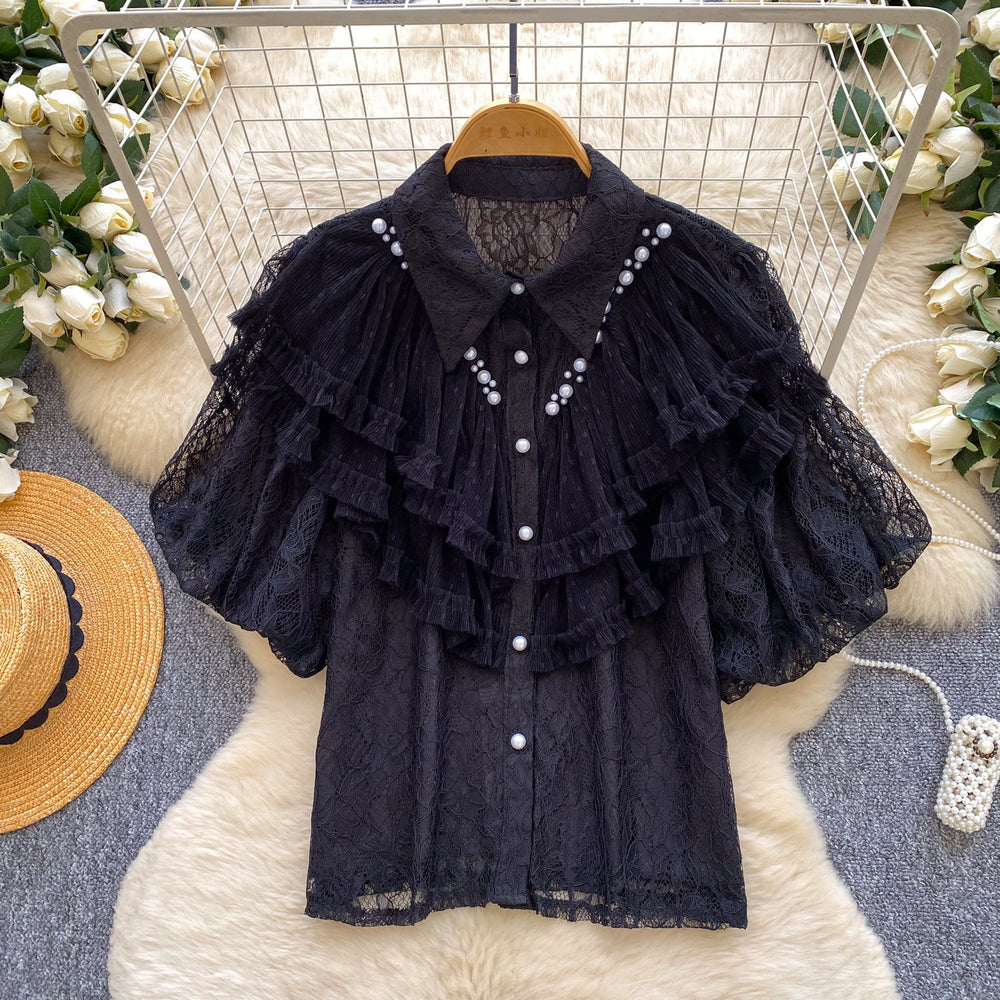 Palace style heavy industry beading lacepatchworkrufflesshirt women's summeraccessible luxury socialite age-reducing eleganttops