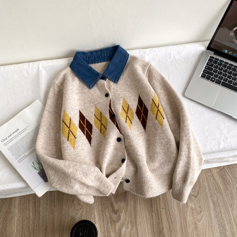 Preppy style denim polo collar rhombus pattern knittingcardigan women's autumn loosesweateroutwearniche styleclassytops