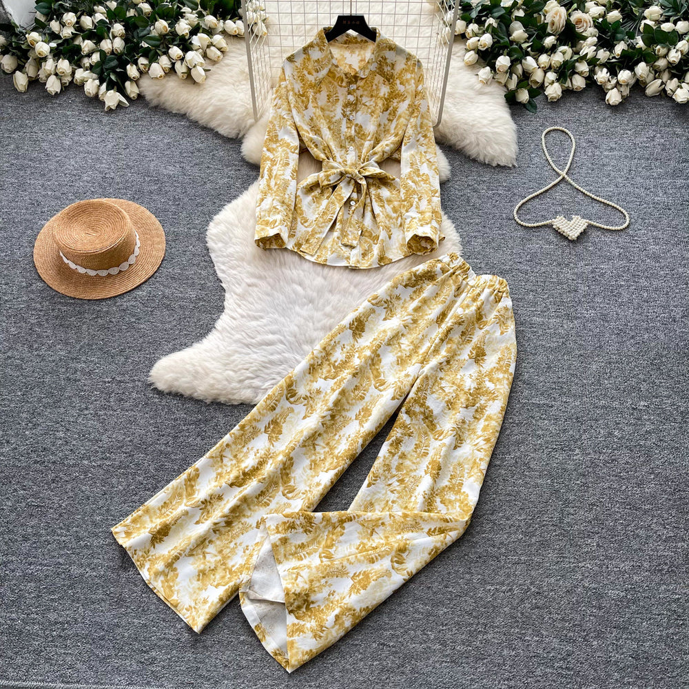 Lightly mature elegance style strappy v necktopshigh waistloose pantstwo-piece set female autumslimming look lazy fashionsuit