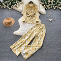 Lightly mature elegance style strappy v necktopshigh waistloose pantstwo-piece set female autumslimming look lazy fashionsuit