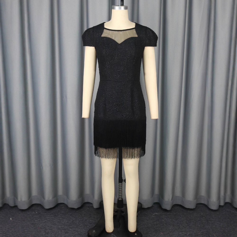 Amazon cutout mesh french black round neck dress - tassel hem elegant evening gown