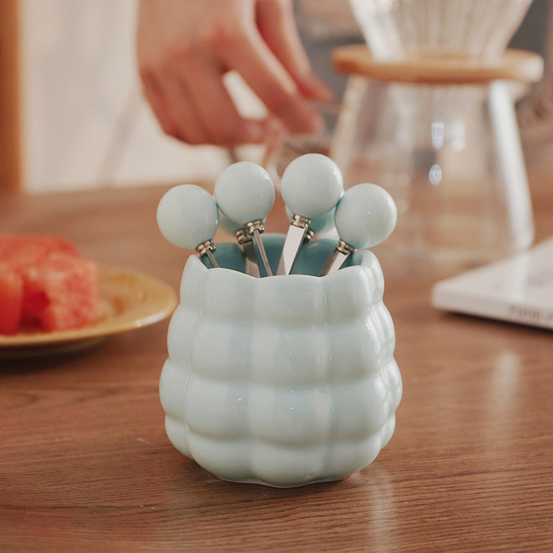Cream style ceramic fruit fork light luxury set high appearance stainless steel fruit pick home decoration storage tube wholesale