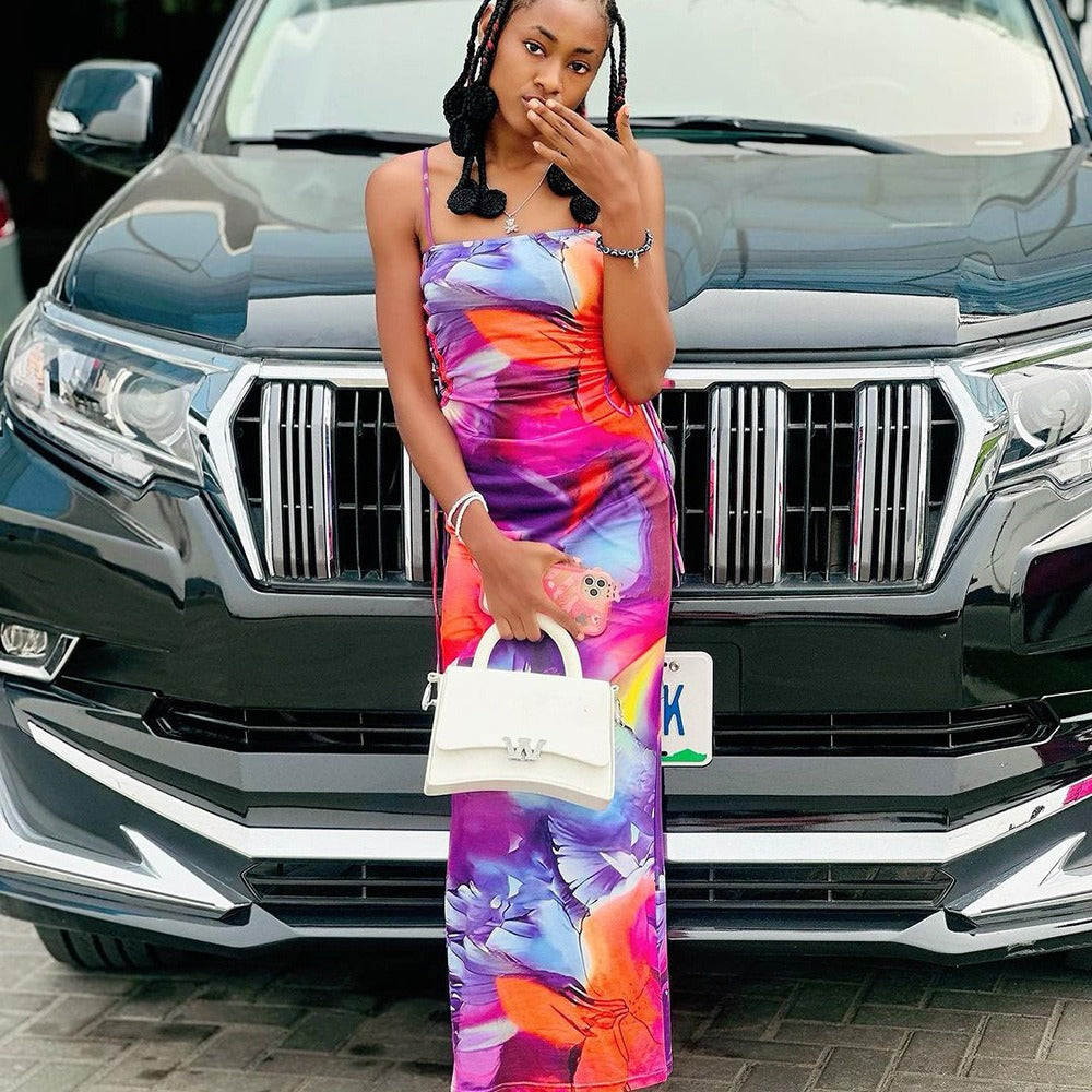 European and american style women's camisole dress -  cross-border sexy hot girl print tie-up one-shoulder maxi dress