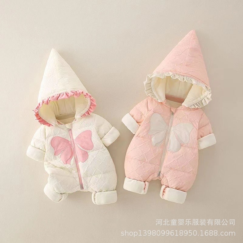 Newborn baby winter clothes: thickened romper for baby girls, perfect for outdoor wear, full month celebration, warm cotton-padded jumpsuit, newborn winter outfit