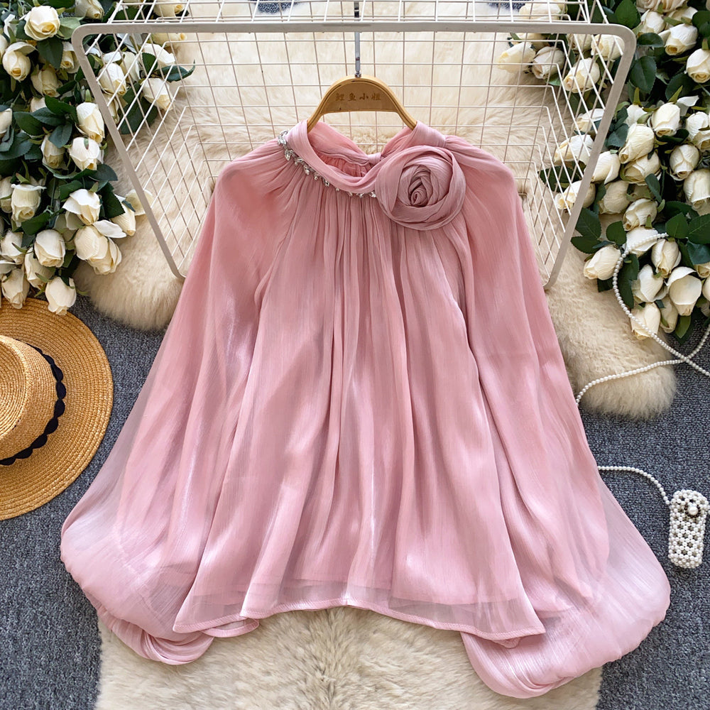 Gentle wind red bell sleeve satin pleated shirt women's spring summerlooseslimming lookfrenchelegantwork clothingtops