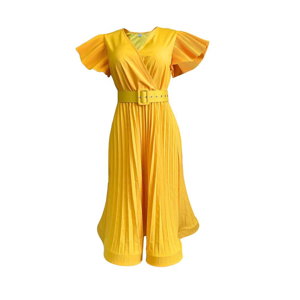 D3079 free belt  european and american foreign trade women's clothing  sexy v neck flying sleeves pressed pleated cross-border dress