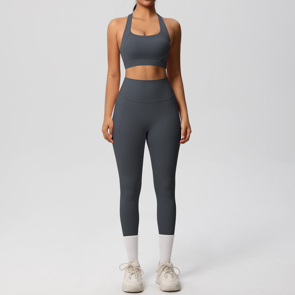 European and american cross-border yoga double-sided brushed tank top & shockproof pocket pants pilates running fitness yoga outfit two-piece set