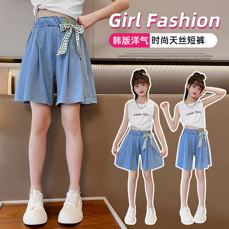 Girls' shorts summer pants kids summer pants outerwear  new girls' tencel lightweight capri pants