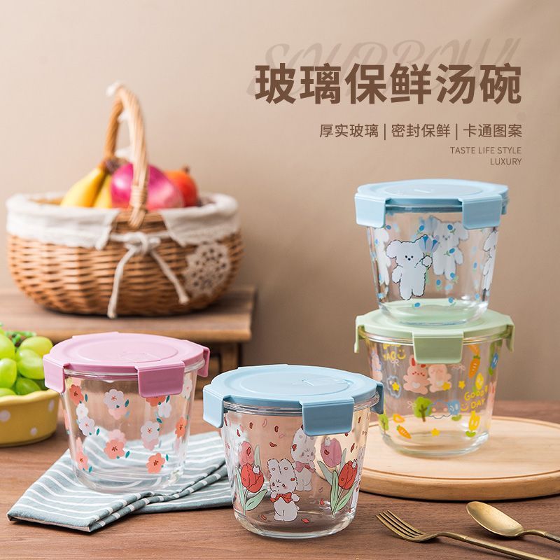High borosilicate thickened glass lunch box round microwave oven heating fresh-keeping bowl with lid soup box office worker student bento box